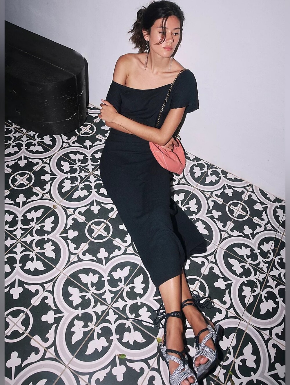 Free People Black Promenade Midi Dress Wide Boat Neck Relaxed Column Style- M